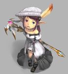  arms_behind_back boots brown_hair dress earrings feathers final_fantasy final_fantasy_xiv from_above gloves hamu_no_jin hat heterochromia jewelry lalafell long_hair looking_up necklace pointy_ears smile solo staff twintails weapon 