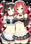  3: :q apron black_hair black_legwear blush bow breasts brown_eyes cat_tail choker cleavage collarbone detached_collar elbow_gloves gloves hug long_hair looking_at_viewer love_live! love_live!_school_idol_project maid maid_headdress medium_breasts midriff multiple_girls navel nishikino_maki one_eye_closed purple_eyes red_hair skirt sky_(freedom) small_breasts smile sparkle stomach tail tail_bow thighhighs tongue tongue_out v waist_apron wristband yazawa_nico zettai_ryouiki 