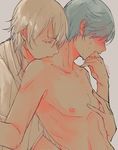  aqua_hair bad_id bad_pixiv_id banned_artist biting blush closed_eyes finger_in_mouth ichigo_hitofuri male_focus mitsu_(imoimou) multiple_boys neck_biting shirtless silver_hair sweat touken_ranbu tsurumaru_kuninaga yaoi 