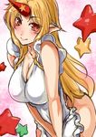  apron bent_over blonde_hair breasts cleavage horn hoshiguma_yuugi large_breasts long_hair naked_apron pointy_ears red_eyes smile solo star suikamaru touhou v_arms very_long_hair 