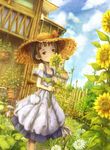  apron ashida_(5232334) blush brown_eyes brown_hair child cloud day dress dutch_angle fence flower garden grass hat head_tilt house looking_at_viewer one_eye_covered original plant potted_plant power_lines scenery short_hair sky solo straw_hat sun_hat sundress sunflower telephone_pole 
