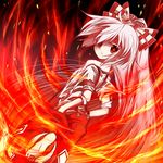  barefoot bow fire fujiwara_no_mokou hair_bow hands_in_pockets long_hair looking_at_viewer looking_back pants red_eyes ribbon silver_hair suspenders touhou ugatsu_matsuki very_long_hair 