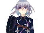  androgynous armor blue_eyes daakuro grey_hair honebami_toushirou japanese_armor male_focus military military_uniform necktie shoulder_armor simple_background sode solo touken_ranbu uniform white_background 