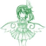  arms_behind_back blush bow daiyousei fairy_wings green hair_bow monochrome side_ponytail sketch solo touhou wings yuran_(kuen-hien) 