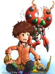  2002 antennae arthropod claws clothed clothing computer cute digimon duo hair human insect karabiner koushirou_izumi ladybug laptop male mammal multi_limb plain_background red_body scarab smile tentomon wings 