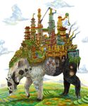  animal architecture blue_eyes building chimney city cloud crane east_asian_architecture flag highres island_turtle monster no_humans original oversized_animal stairs statue tapir toufu_(inu_no_mayuge) tusks walking wind_turbine windmill 