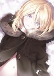  bangs blonde_hair blue_eyes breath brown_coat capriccio coat commentary_request eyebrows_visible_through_hair fur-trimmed_hood fur_trim hair_between_eyes head_tilt hooded_coat looking_at_viewer lying navel on_back open_clothes open_coat original parted_lips snow solo upper_body 