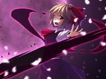  :d blonde_hair blurry darkness depth_of_field hair_ribbon open_mouth petals pokio red_eyes ribbon rumia shirt skirt smile touhou vest 