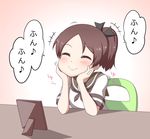  1girl ^_^ brown_hair closed_eyes closed_mouth eighth_note hands_on_own_face high_ponytail humming kantai_collection musical_note neckerchief ponytail rinmei school_uniform serafuku shikinami_(kantai_collection) short_hair short_sleeves sitting smile solo speech_bubble spoken_musical_note 
