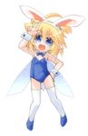  :d ahoge animal_ears blonde_hair blue_eyes bunnysuit fairy_wings fake_animal_ears fang hair_bobbles hair_ornament hand_on_hip kso looking_at_viewer meyuu_(kso) one_side_up open_mouth original pointy_ears short_hair short_sidetail side_ponytail simple_background smile solo thighhighs v white_background white_legwear wings wrist_cuffs 