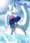  &lt;3 anthro anthrofied big_breasts bikini blush breasts clothed clothing cloud day detailed_background digital_media_(artwork) english_text eyes_closed female hi_res horn huge_breasts legendary_pok&eacute;mon lugia nintendo outside pok&eacute;mon pok&eacute;mon_(species) sea sky solo splash standing swimsuit text thick_thighs tousoni3 video_games water wide_hips wings 