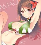  amagi_(kantai_collection) armpits arms_behind_head bare_shoulders breasts brown_eyes brown_hair cleavage_cutout flower hair_between_eyes hair_flower hair_ornament highres kantai_collection large_breasts long_hair looking_at_viewer lying on_back rei_no_himo skindentation smile solo stomach tebi_(tbd11) 