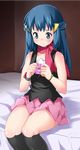  bad_id bad_pixiv_id blue_eyes blue_hair blush condom endou_masatoshi hikari_(pokemon) long_hair pink_skirt pokemon red_scarf scarf sitting skirt solo 