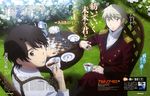  absurdres ahoge aldnoah.zero blue_eyes board_game brown_eyes brown_hair chess chess_piece chessboard cravat crossed_legs epaulettes flower garden highres holster jacket kaizuka_inaho male_focus multiple_boys newtype official_art rose short_hair silver_hair sitting slaine_troyard smile spoon sugar_cube tea white_flower white_rose yamanaka_yuichi 