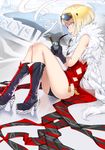 ass bheth_fleeson black_gloves black_panties blonde_hair boots brown_eyes cape fur_trim gloves goggles goggles_on_head highres md5_mismatch panties pipe pixiv_fantasia pixiv_fantasia_t realmbw short_hair sitting smoking solo thighs underwear 