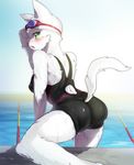  anthro blush breasts butt cat clothed clothing eyewear feline female fur goggles green_eyes looking_at_viewer mammal one-piece_swimsuit open_mouth pool rear_view solo swimsuit tight_clothing water wet white_fur すうりん 