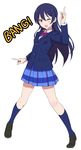  blazer finger_gun jacket leon_(mikiri_hassha) long_hair long_sleeves love_live! love_live!_school_idol_project md5_mismatch one_eye_closed open_mouth otonokizaka_school_uniform pleated_skirt purple_hair revision school_uniform shirt skirt smile solo sonoda_umi very_long_hair yellow_eyes 