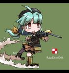  :o ahoge aiming aqua_hair bangs belt beret blush breasts buttons camouflage chibi clenched_hand fighting_stance floating_hair full_body green_background hair_ribbon hat highres letterboxed long_hair looking_to_the_side low-tied_long_hair mecha_musume milihime_taisen military military_uniform orlik_(milihime_taisen) outstretched_arm parted_bangs petticoat pink_eyes pleated_skirt poland polish_air_force_checkerboard ribbon sidelocks signature simple_background skirt sleeves_past_wrists small_breasts tao_(kadoya) tks_tankette turret uniform v-shaped_eyebrows very_long_hair weapon 