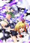  :d aerial_battle battle blonde_hair blue_background blue_eyes cloud duel hair_ribbon kiku_hitomoji kneehighs konpaku_youmu konpaku_youmu_(ghost) light_trail looking_at_viewer looking_back multiple_girls necktie open_mouth outstretched_arms red_eyes red_neckwear reverse_grip ribbon rumia short_hair short_sword silver_hair skirt skirt_set smile spread_arms sword torn_clothes touhou weapon white_legwear 