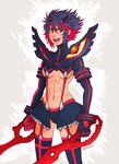  black_hair boots breasts cowboy_shot dual_wielding fang hairpods herokick highres holding kill_la_kill matoi_ryuuko medium_breasts multicolored_hair red_hair revealing_clothes scar scissor_blade scratches senketsu short_hair solo symbol-shaped_pupils thigh_boots thighhighs two-tone_hair underboob 