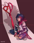  bared_teeth black_hair blood blue_eyes denim fingerless_gloves gloves herokick highres jacket jeans kill_la_kill letterman_jacket looking_at_viewer matoi_ryuuko neckerchief older pants planted_weapon scissor_blade scratches short_hair solo squatting torn_clothes torn_jeans torn_pants weapon 