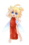 :d ahoge barefoot blonde_hair blue_eyes china_dress chinese_clothes dress fairy_wings fang full_body hair_bobbles hair_ornament hand_on_hip kso looking_at_viewer meyuu_(kso) one_side_up open_mouth original pointy_ears short_hair short_sidetail side_ponytail side_slit simple_background smile solo v white_background wings 