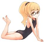  alternate_hairstyle black-framed_eyewear black_swimsuit blonde_hair glasses long_hair lying mune on_stomach one-piece_swimsuit perrine_h_clostermann ponytail semi-rimless_eyewear simple_background smile solo strike_witches swimsuit under-rim_eyewear white_background world_witches_series yellow_eyes 