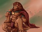  anthro armband bulge cape clothing collar ear_piercing feline green_eyes lion loincloth looking_at_viewer male mammal muscles piercing sitting solo waddledox 