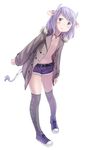  animal_ears bell coat cow_ears cow_horns cow_tail ell full_body horns jingle_bell leaning_forward male_focus navel original otoko_no_ko purple_eyes purple_hair shoes short_hair short_shorts shorts simple_background sneakers solo tail thighhighs white_background 