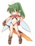  blush fairy_wings green_hair hand_on_hip kso looking_at_viewer ponytail red_eyes simple_background solo sword weapon white_background wings 