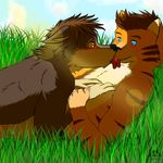  adrianix anthro blue_eyes blush canine cat couple cuddling cute feline hair kissing male male/male mammal short_hair silvaliya stripes tongue wolf 