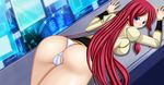  1girl arc_system_works ass backboob blazblue blue_eyes blush breasts cameltoe embarrassed female from_behind hair_tubes highres large_breasts long_hair looking_back panties red_hair seraphina solo tsubaki_yayoi underwear uniform white_panties 