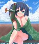  :q aircraft airplane bare_shoulders blue_eyes blue_hair breasts brown_gloves cleavage crossed_legs gloves hair_ribbon highres japanese_clothes kantai_collection large_breasts looking_at_viewer maromi_gou off_shoulder ribbon short_hair sitting solo souryuu_(kantai_collection) tongue tongue_out twintails white_ribbon 