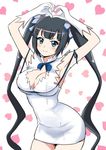  &gt;:) 7001 armpits black_hair blue_eyes blue_ribbon breasts cleavage dungeon_ni_deai_wo_motomeru_no_wa_machigatteiru_darou_ka gloves heart heart_background heart_hands hestia_(danmachi) large_breasts long_hair rei_no_himo ribbon sleeveless smile solo twintails v-shaped_eyebrows 