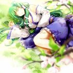  blurry breasts cleavage depth_of_field detached_sleeves fetal_position frog_hair_ornament grass green_hair hair_ornament hair_tubes highres kochiya_sanae large_breasts long_hair shinsui_saya sleeping snake_hair_ornament solo touhou tree_branch 