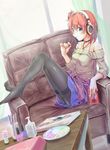  bare_shoulders clothes_around_waist collar couch digital_media_player food headphones highres ipod izuki_(toneya) jacket_around_waist nail_polish orange_hair pantyhose pocky sitting solo thighband_pantyhose yahari_ore_no_seishun_lovecome_wa_machigatteiru. yuigahama_yui 