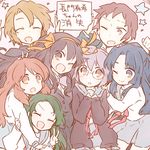  5girls asahina_mikuru asakura_ryouko bangs cardigan copyright_name hug kinokosuke kita_high_school_uniform koizumi_itsuki kouyouen_academy_uniform kyon lowres multiple_boys multiple_girls nagato_yuki nagato_yuki-chan_no_shoushitsu school_uniform serafuku suzumiya_haruhi suzumiya_haruhi_no_shoushitsu suzumiya_haruhi_no_yuuutsu tsuruya 