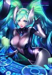  alternate_costume blue_eyes breasts citemer cleavage dj dj_sona gloves green_hair headphones highres large_breasts latex_dress league_of_legends long_hair looking_at_viewer smile solo sona_buvelle twintails 