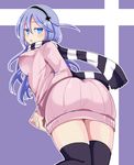  ass blue_eyes breasts from_behind hairband iron_cross kerscher_(milihime_taisen) large_breasts long_hair looking_at_viewer looking_back milihime_taisen nachisuke open_mouth purple_hair scarf solo striped striped_scarf thighhighs 