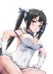  black_hair blue_eyes blue_ribbon blush bow breasts cleavage cleavage_cutout crossed_legs dress dungeon_ni_deai_wo_motomeru_no_wa_machigatteiru_darou_ka gloves hair_ornament haoni hestia_(danmachi) indian_style large_breasts long_hair pout rei_no_himo revision ribbon simple_background sitting skindentation solo symbol-shaped_pupils twintails white_dress white_gloves 