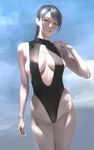  bare_shoulders black_hair center_opening character_request cloud day sgk sky solo swimsuit 