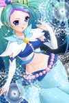  amane_satsuki blue_eyes blue_hair cure_mermaid earrings gloves go!_princess_precure jewelry kaidou_minami long_hair magical_girl midriff mode_elegant_(go!_princess_precure) multicolored_hair navel precure purple_hair seashell_earrings skirt smile solo two-tone_hair 