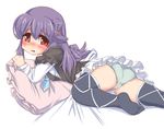  ass bad_id bad_pixiv_id bed black_hair blush dress eyebrows_visible_through_hair hercule_barton highres long_hair lying nose_blush on_stomach open_mouth panties pillow red_eyes school_uniform sekaihebi solo tantei_opera_milky_holmes thighhighs underwear unmoving_pattern white_panties 