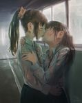  bad_id bad_pixiv_id braid brown_hair closed_eyes half_updo hallway highres hug itodome kiss multiple_girls necktie original ponytail school_uniform scrunchie wet wet_clothes window yuri 