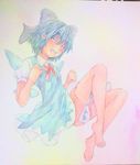  barefoot blue_eyes blue_hair bow cirno clenched_hands full_body hair_bow highres ice ice_wings looking_at_viewer open_mouth pink_background puffy_short_sleeves puffy_sleeves short_hair short_sleeves smile solo touhou traditional_media watercolor_(medium) wings yuyu_(00365676) 