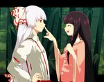  bamboo bamboo_forest black_hair clenched_hand closed_eyes finger_to_another's_mouth forest fujiwara_no_mokou hair_ribbon hand_on_hip hime_cut houraisan_kaguya long_hair long_sleeves looking_at_another multiple_girls nature open_mouth profile red_eyes ribbon sidelocks sugiura_rippu suspenders touhou very_long_hair white_hair 