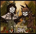  2girls animal_ears bow braid brown_hair cape cat_ears clenched_teeth don&#039;t_starve don't_starve hair_bow hand_on_hip kaenbyou_rin long_hair mismatched_footwear multiple_girls no_pupils open_mouth parody pointing pointing_up red_eyes red_hair reiuji_utsuho sharp_teeth short_hair skirt style_parody suenari_(peace) teeth third_eye touhou twin_braids wings 