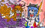  3girls angry blue_hair bow broken chains double_v food fruit grin hair_bow hat hinanawi_tenshi horns ibuki_suika long_hair multiple_girls orange_hair peach red_eyes ribbon saigyouji_yuyuko sharp_teeth smile suenari_(peace) sword_of_hisou touhou v weapon 