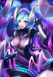  alternate_costume blue_eyes blue_hair breasts citemer cleavage dj dj_sona gloves headphones highres large_breasts latex_dress league_of_legends long_hair looking_at_viewer smile solo sona_buvelle twintails 