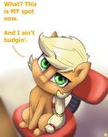  2015 applejack_(mlp) blonde_hair captainpudgemuffin dialogue equine female freckles friendship_is_magic green_eyes hair horse looking_at_viewer mammal my_little_pony plain_background pony ponytail raised_eyebrow sitting stubborn white_background 